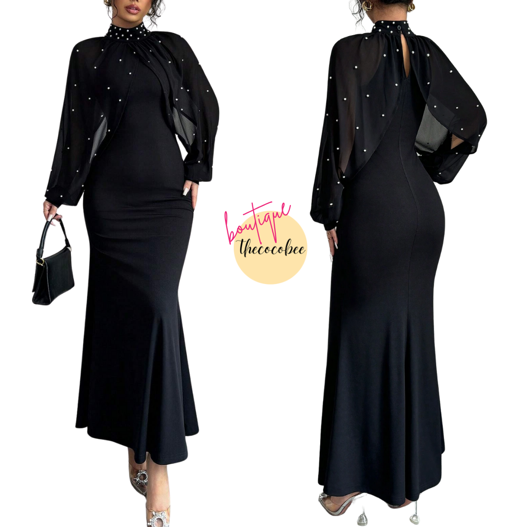 #155 Black Elegant Pearl Beaded Collar Mermaid Dress, Autumn Maxi Women Outfit
