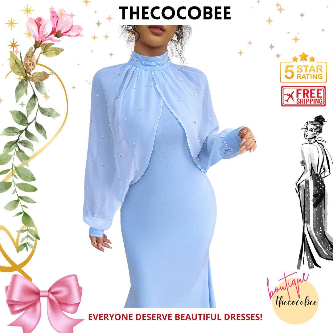 #155 Blue 1pc Solid Color Long Sleeve Fitted Simple Casual Midi Dress, Everyday Wear