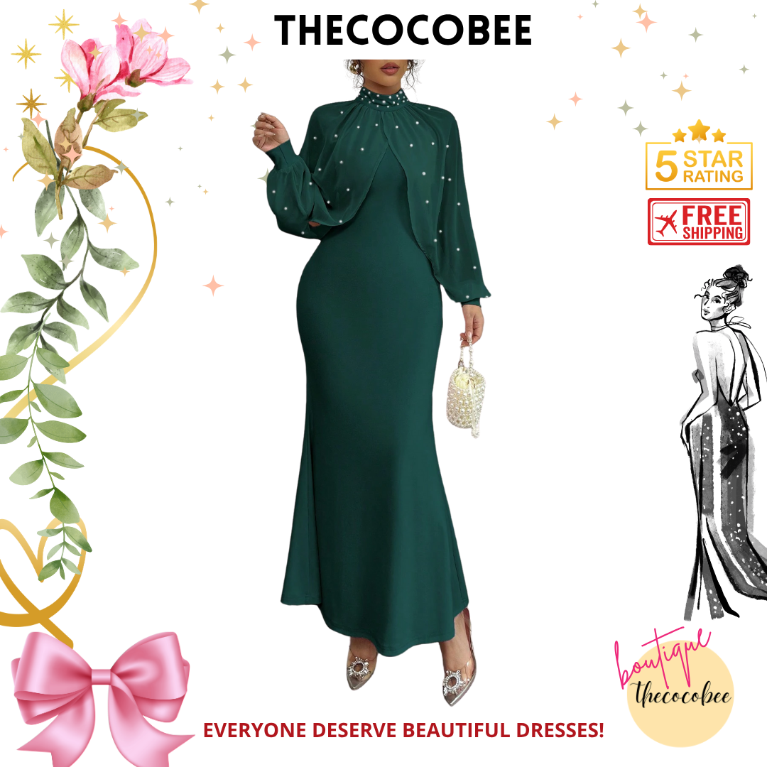 #155 Dark Green Elegant Pearl Beaded Collar Mermaid Dress, Autumn Maxi Women Outfit