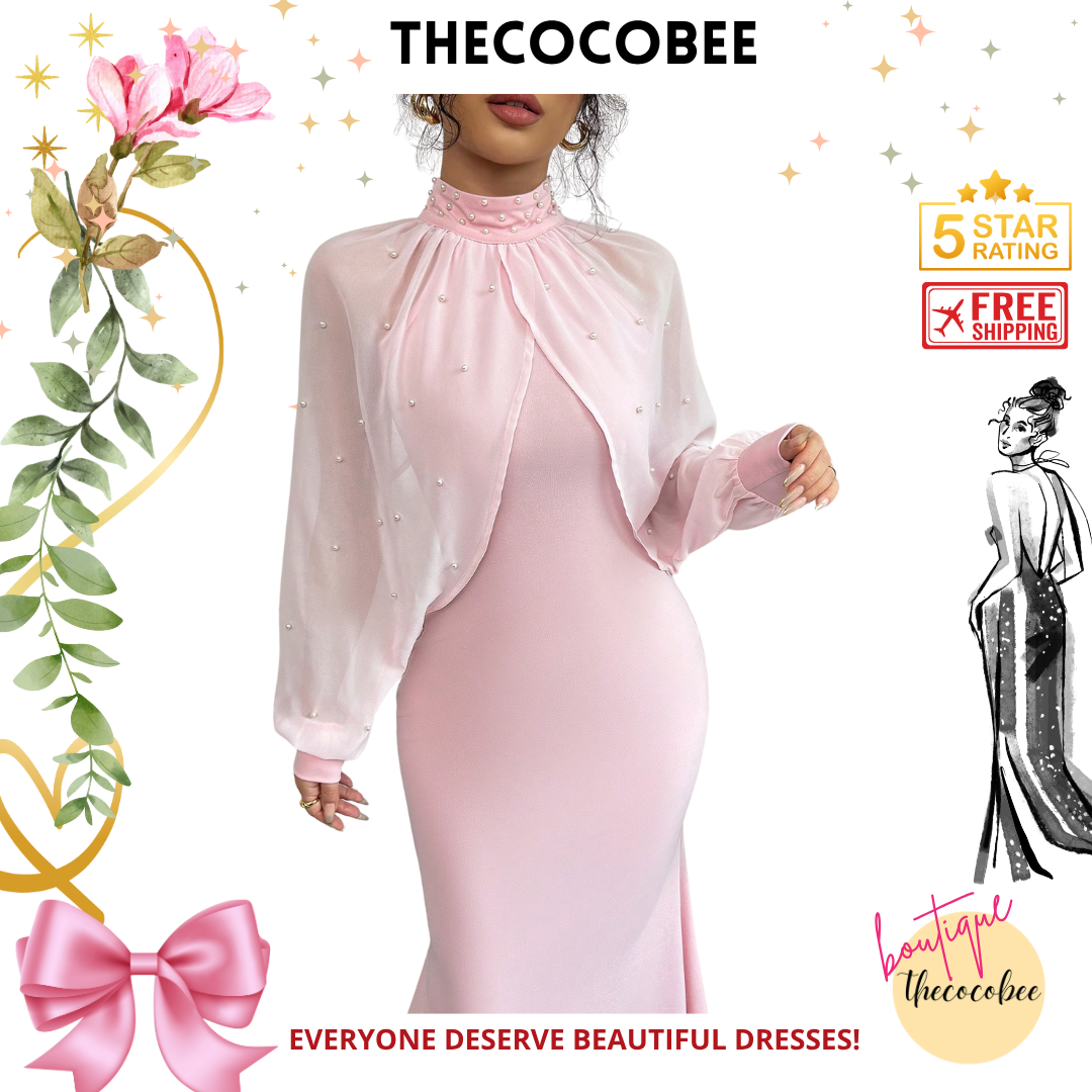 #155 Pink Stand Collar Long Sleeve Mesh Patchwork Bodycon Dress