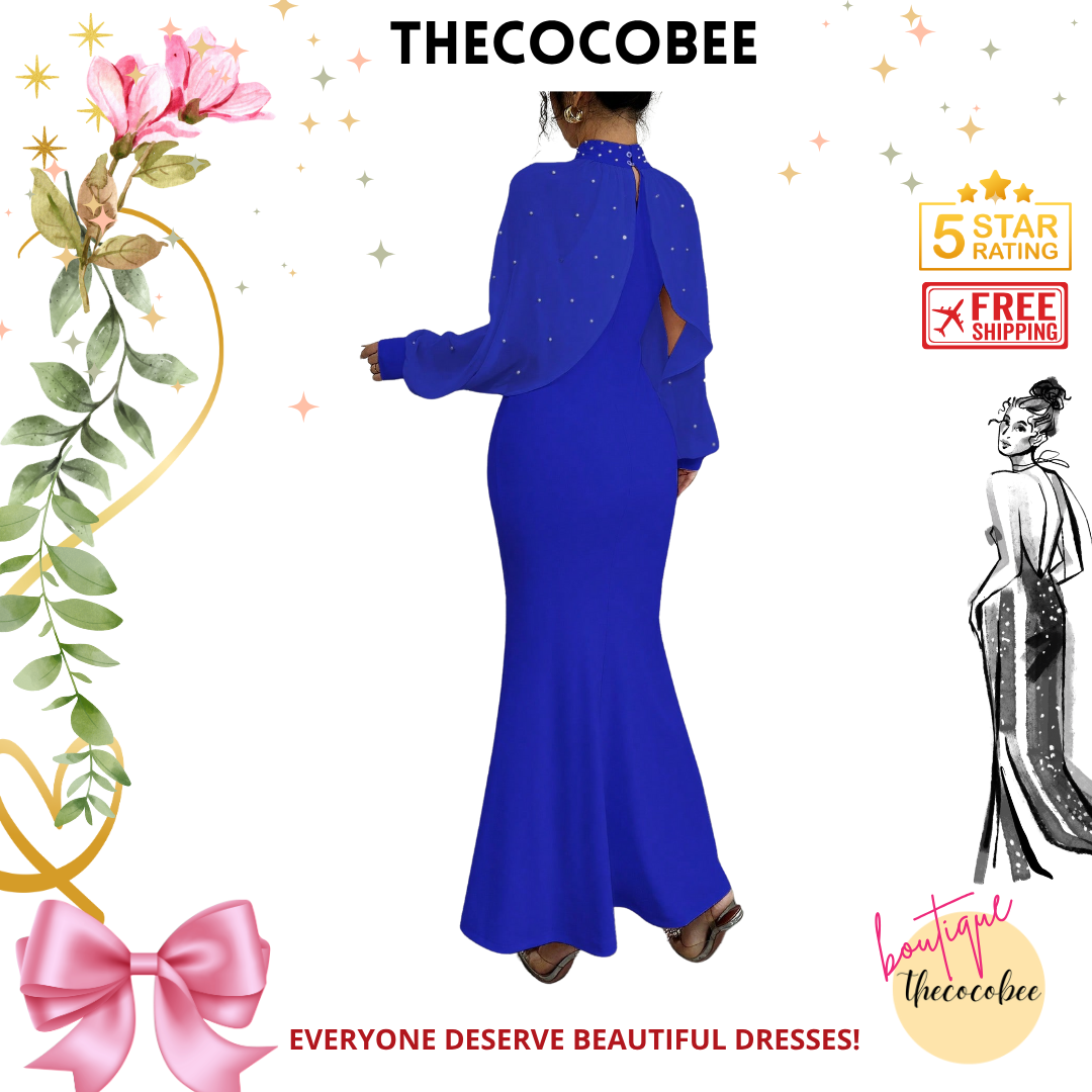 #155 Royal Blue Elegant Pearl Beaded Collar Mermaid Dress, Autumn Maxi Women Outfit