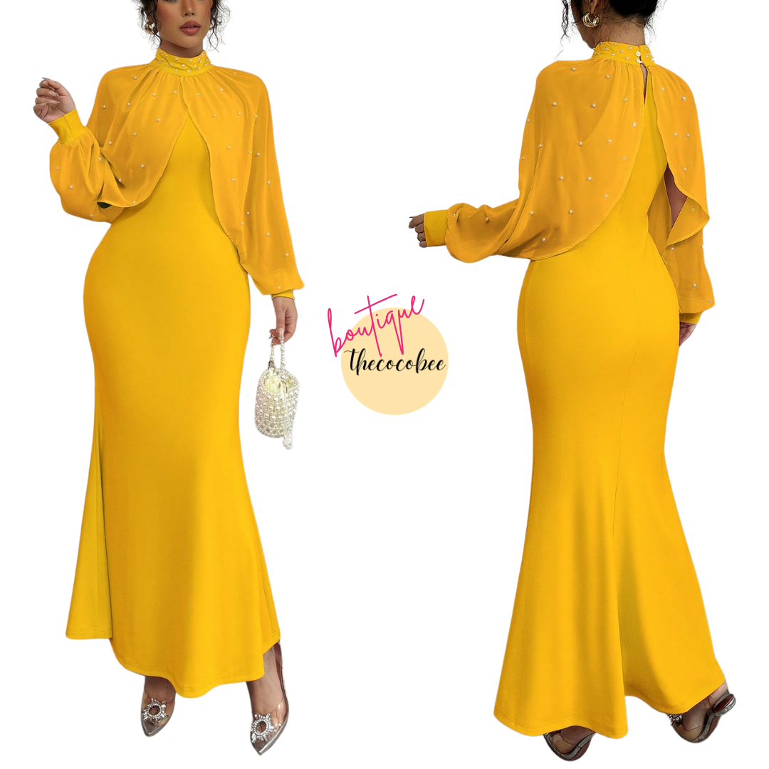 #155 Yellow Elegant Pearl Beaded Collar Mermaid Dress, Autumn Maxi Women Outfit