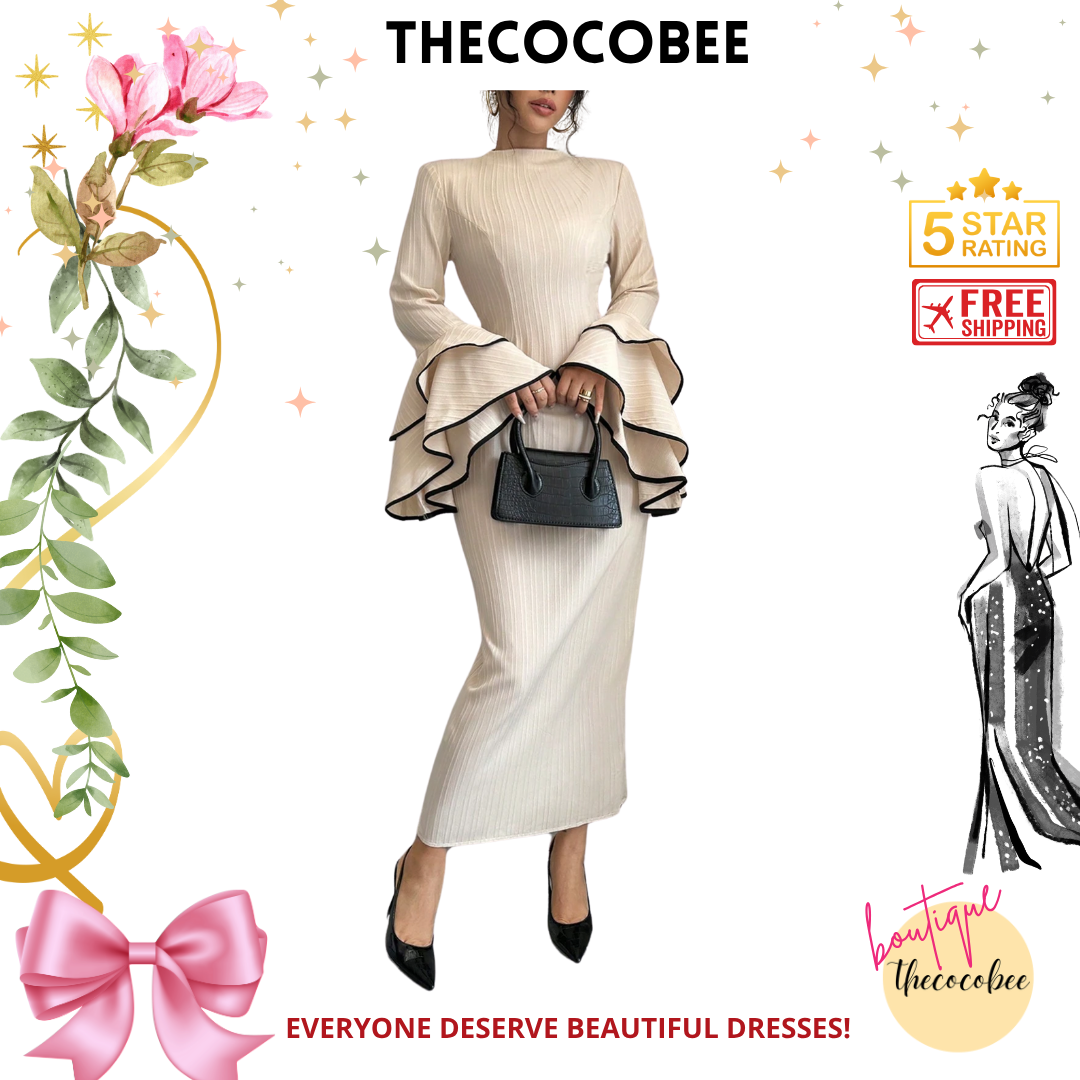 #156 Apricot Elegant Color Block Ruffle Flare Sleeve Dress, Autumn Maxi Women Outfit