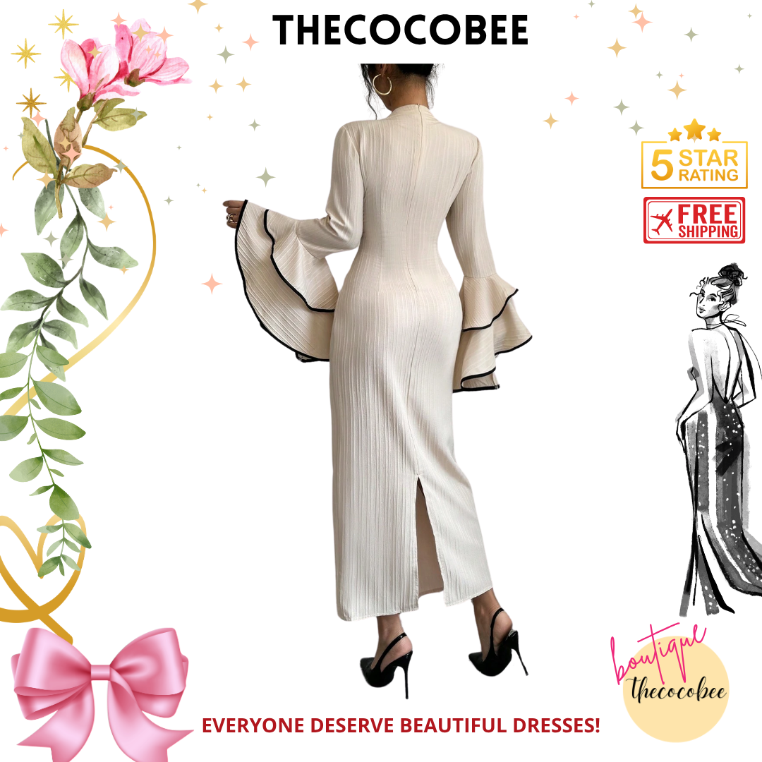 #156 Apricot Elegant Color Block Ruffle Flare Sleeve Dress, Autumn Maxi Women Outfit