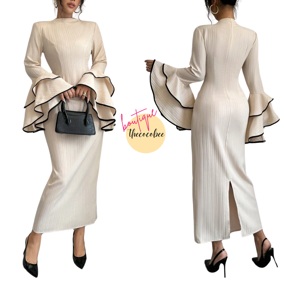 #156 Apricot Elegant Color Block Ruffle Flare Sleeve Dress, Autumn Maxi Women Outfit