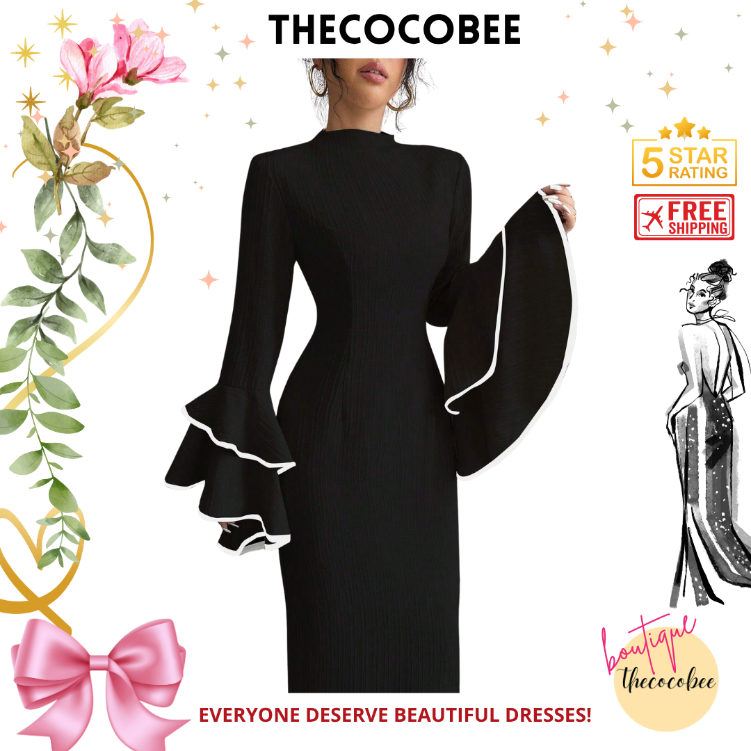 #156 Black Stand Collar Flared Sleeve Elegant Long Dress Maxi Women Outfit