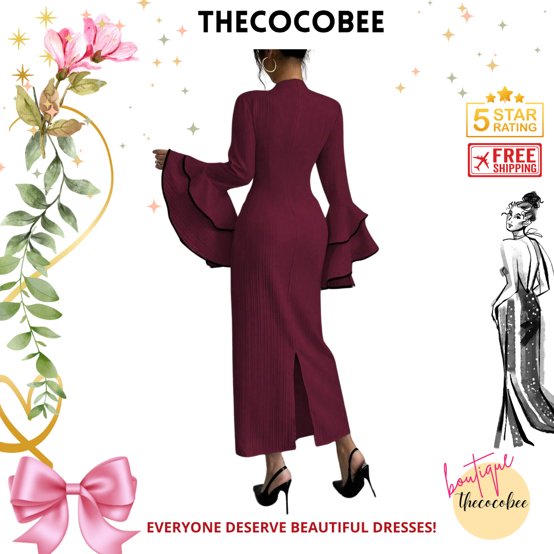 #156 Burgundy 1pc Solid Color Stand Collar Ruffle Hem Fitted Elegant Long Sleeve Dress Burgundy Maxi Women Outfit