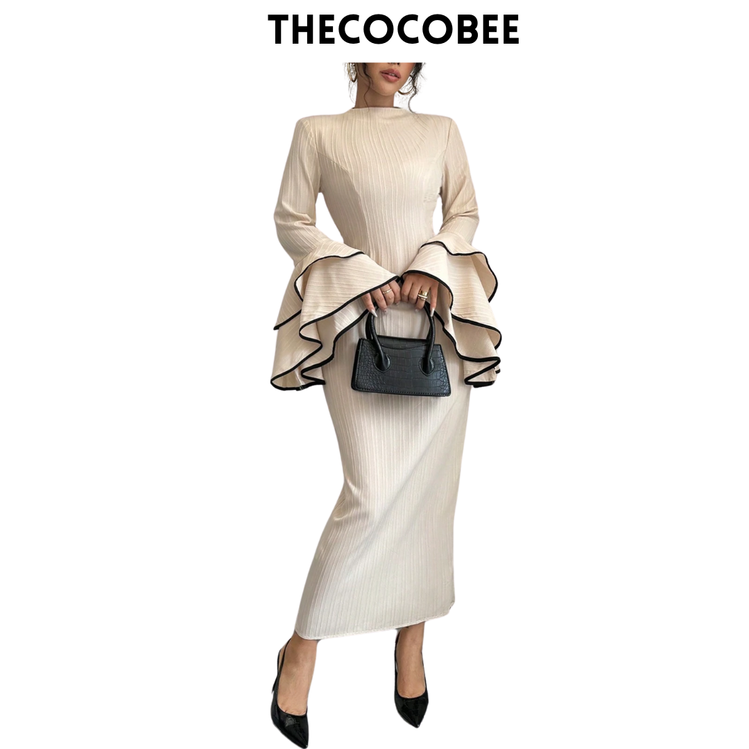 #156 Apricot Elegant Color Block Ruffle Flare Sleeve Dress, Autumn Maxi Women Outfit