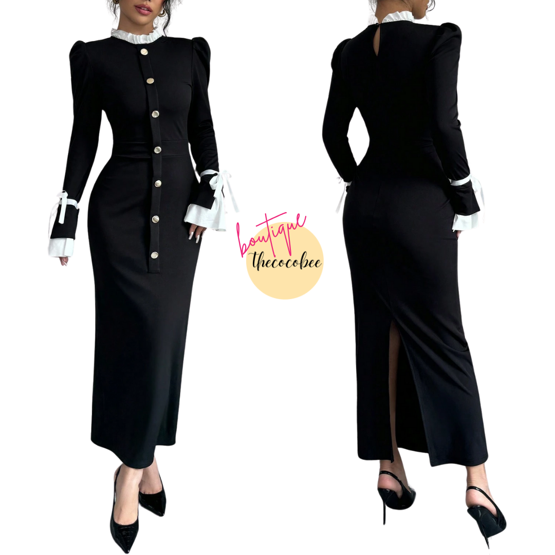 #157 Black And White Ruffle Stand Collar Flared Sleeve Fitted Fishtail Hem Elegant Long Dress, Autumn/Winter Maxi Women Outfit