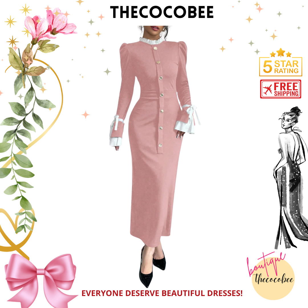 #157 Dusty Pink Elegant Color Blocking Slim Dress, Autumn/Winter Maxi Women Outfit