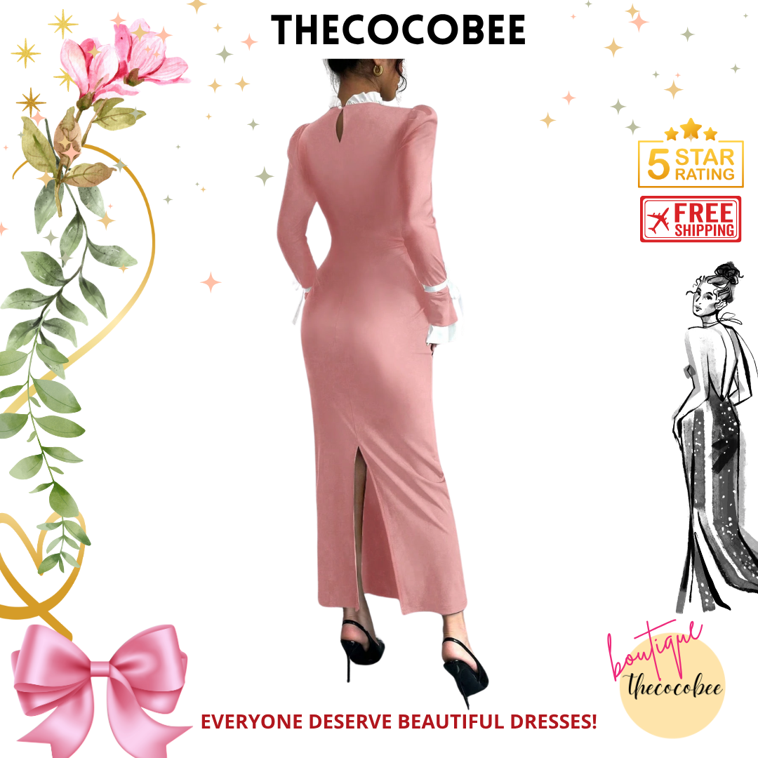 #157 Dusty Pink Elegant Color Blocking Slim Dress, Autumn/Winter Maxi Women Outfit