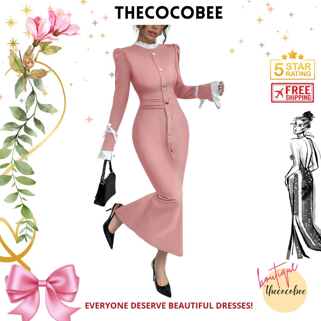 #157 Dusty Pink Elegant Color Blocking Slim Dress, Autumn/Winter Maxi Women Outfit