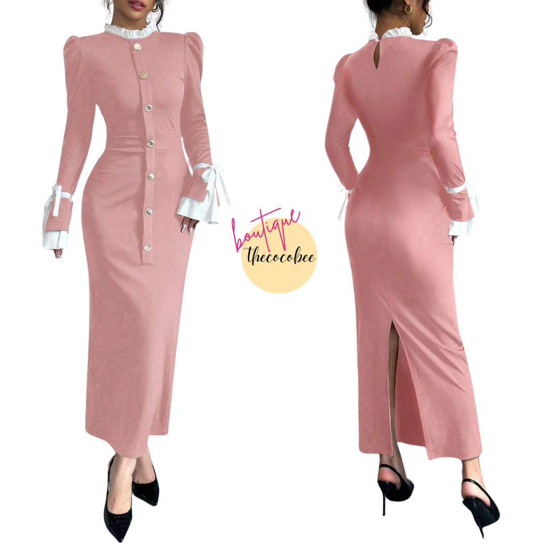 #157 Dusty Pink Elegant Color Blocking Slim Dress, Autumn/Winter Maxi Women Outfit