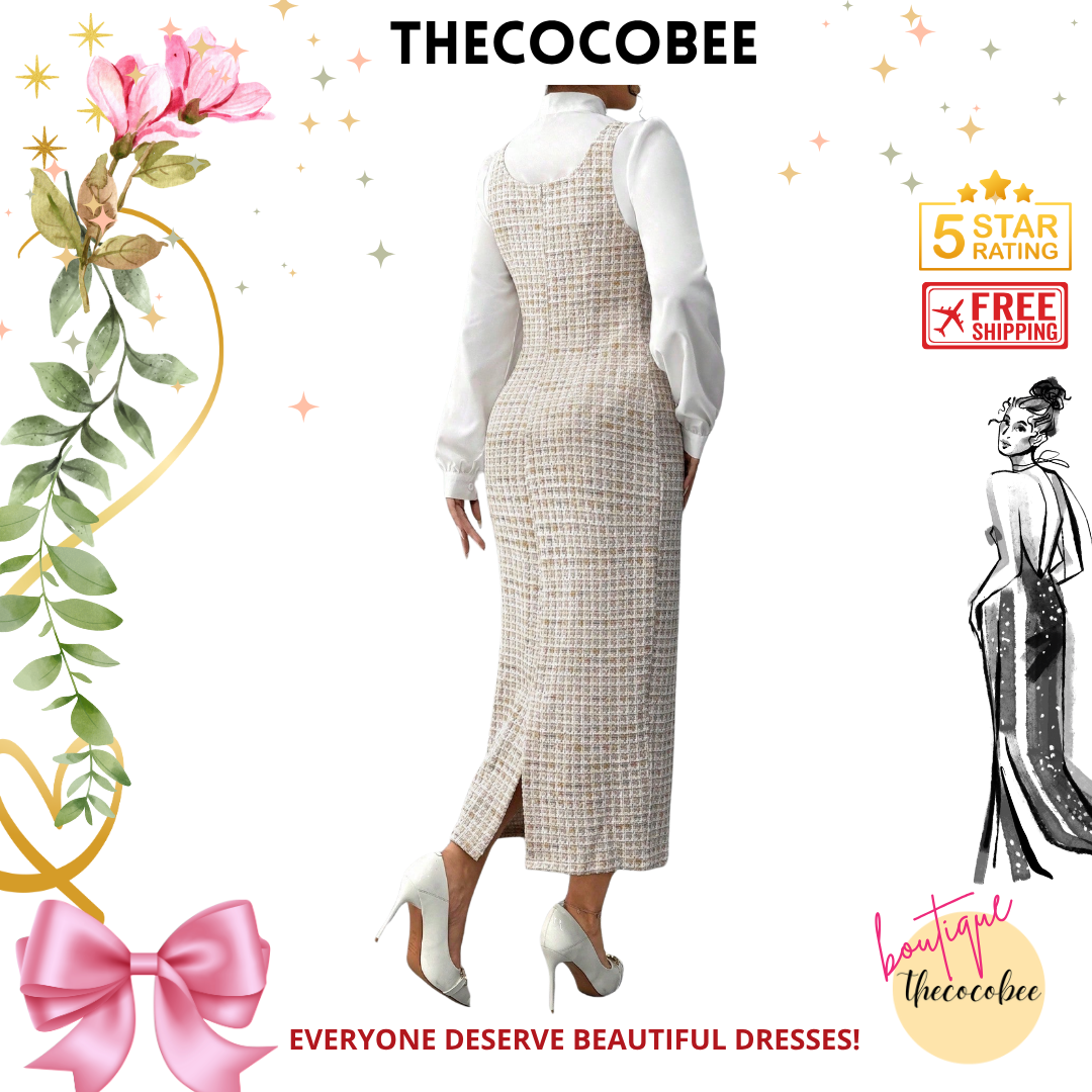 #158 Brown Elegant French Style 2pcs/Set For Women, White Collar Tie Blouse & Polka Dot Print Long Suspender Skirt, Autumn/Winter