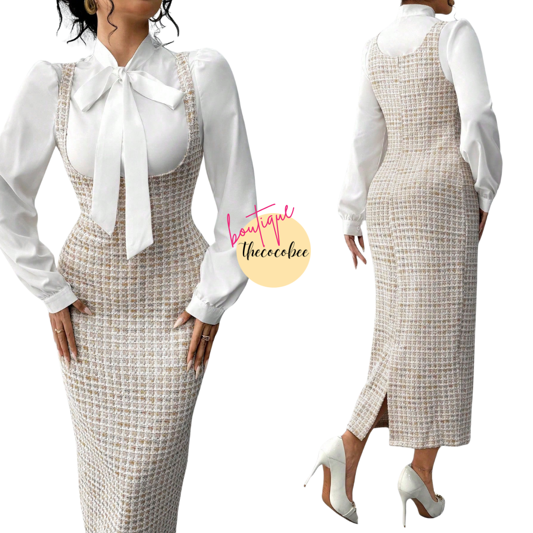 #158 Brown Elegant French Style 2pcs/Set For Women, White Collar Tie Blouse & Polka Dot Print Long Suspender Skirt, Autumn/Winter