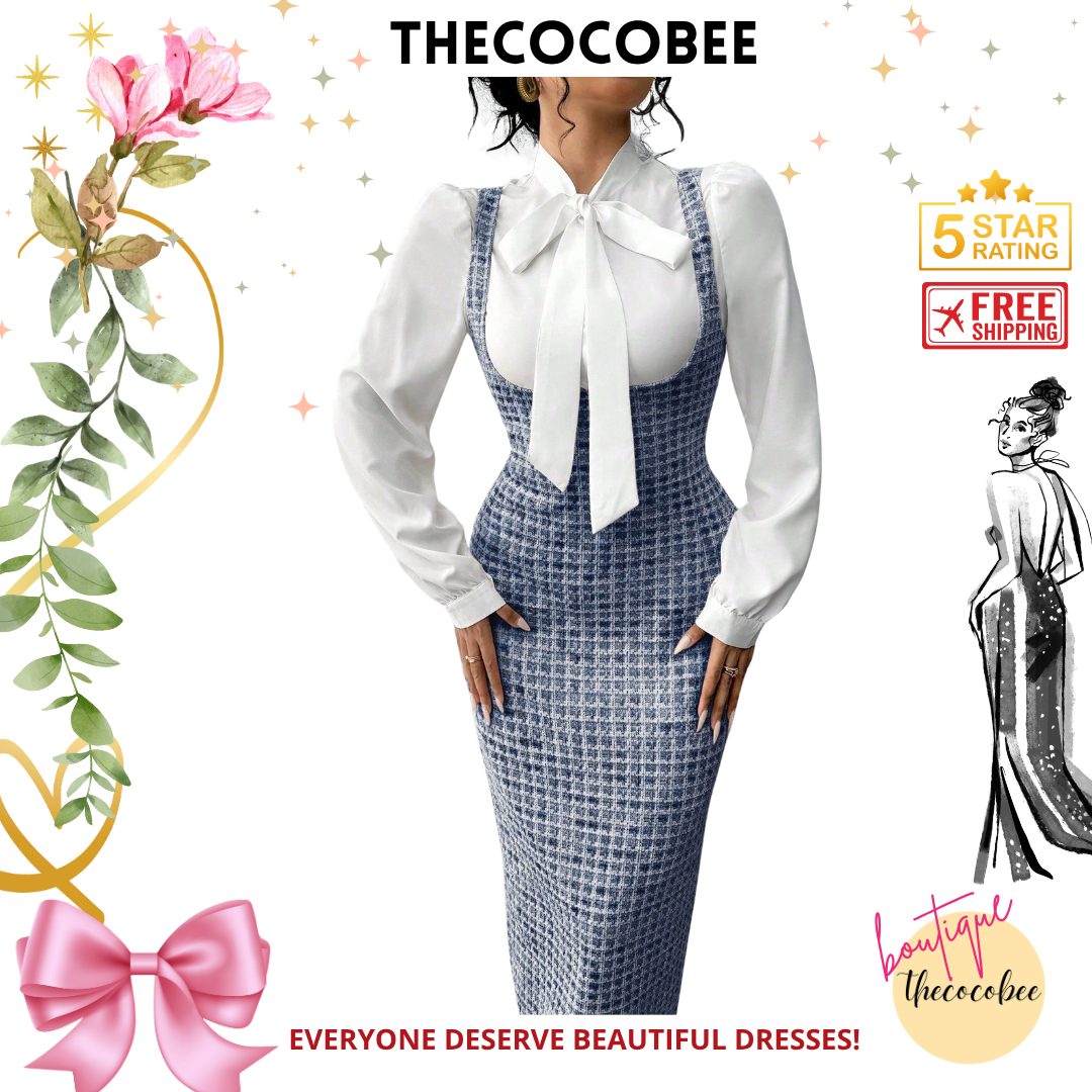 #158 Navy Blue Elegant Fashionable French Style White Collar Tie Shirt + Polka Dot Print Long Suspender Skirt 2 Pieces Set, For Women, Autumn/Winter