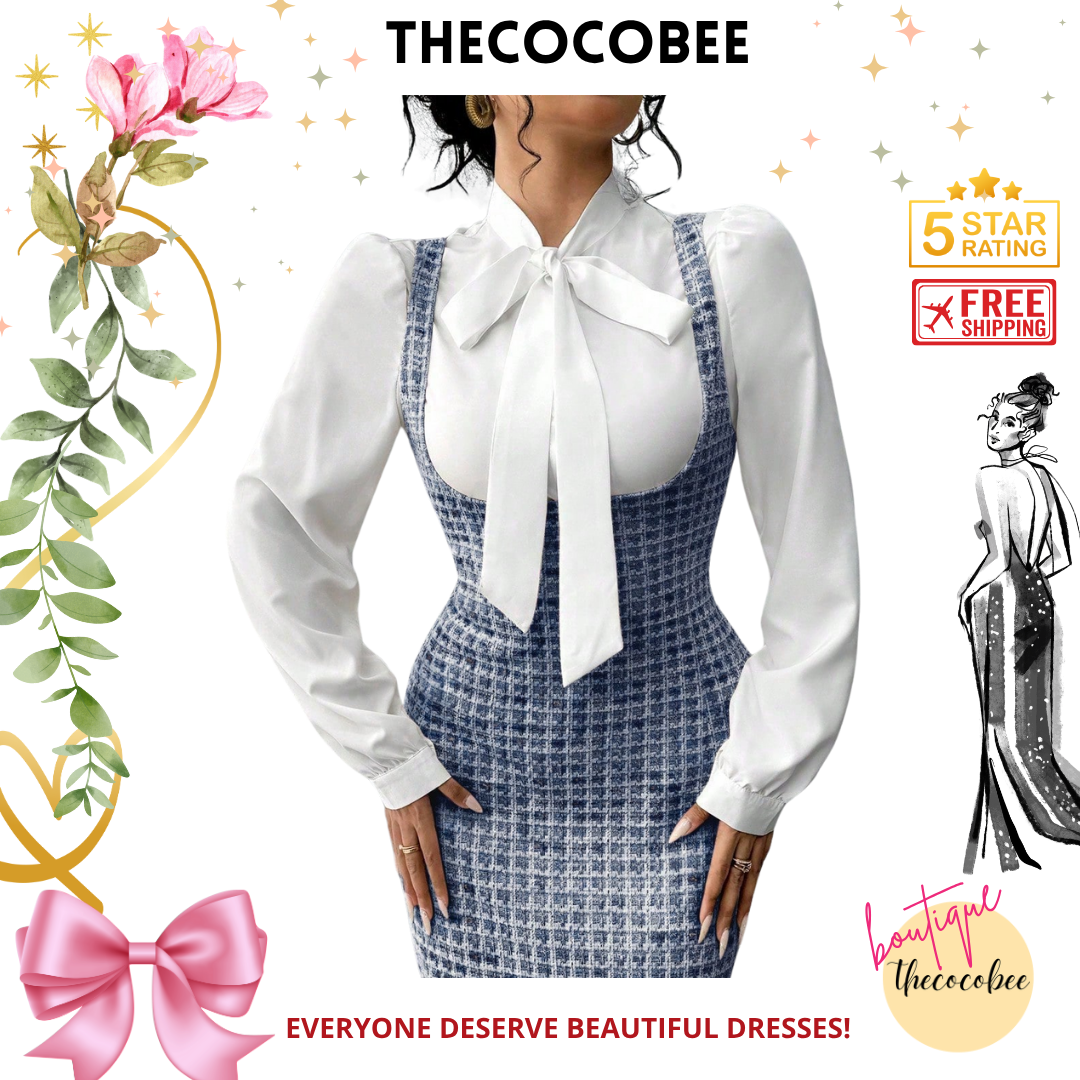 #158 Navy Blue Elegant Fashionable French Style White Collar Tie Shirt + Polka Dot Print Long Suspender Skirt 2 Pieces Set, For Women, Autumn/Winter