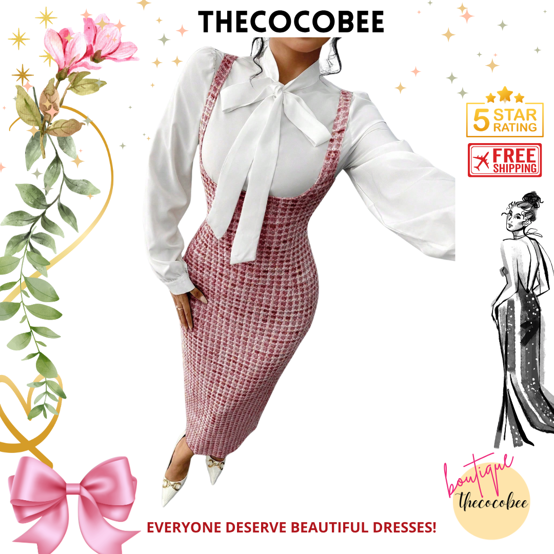 #158 Red 2pcs Elegant French Style White Collar Tie Blouse And Pink Jacquard Long Bib Dress Suit, Autumn/Winter Women