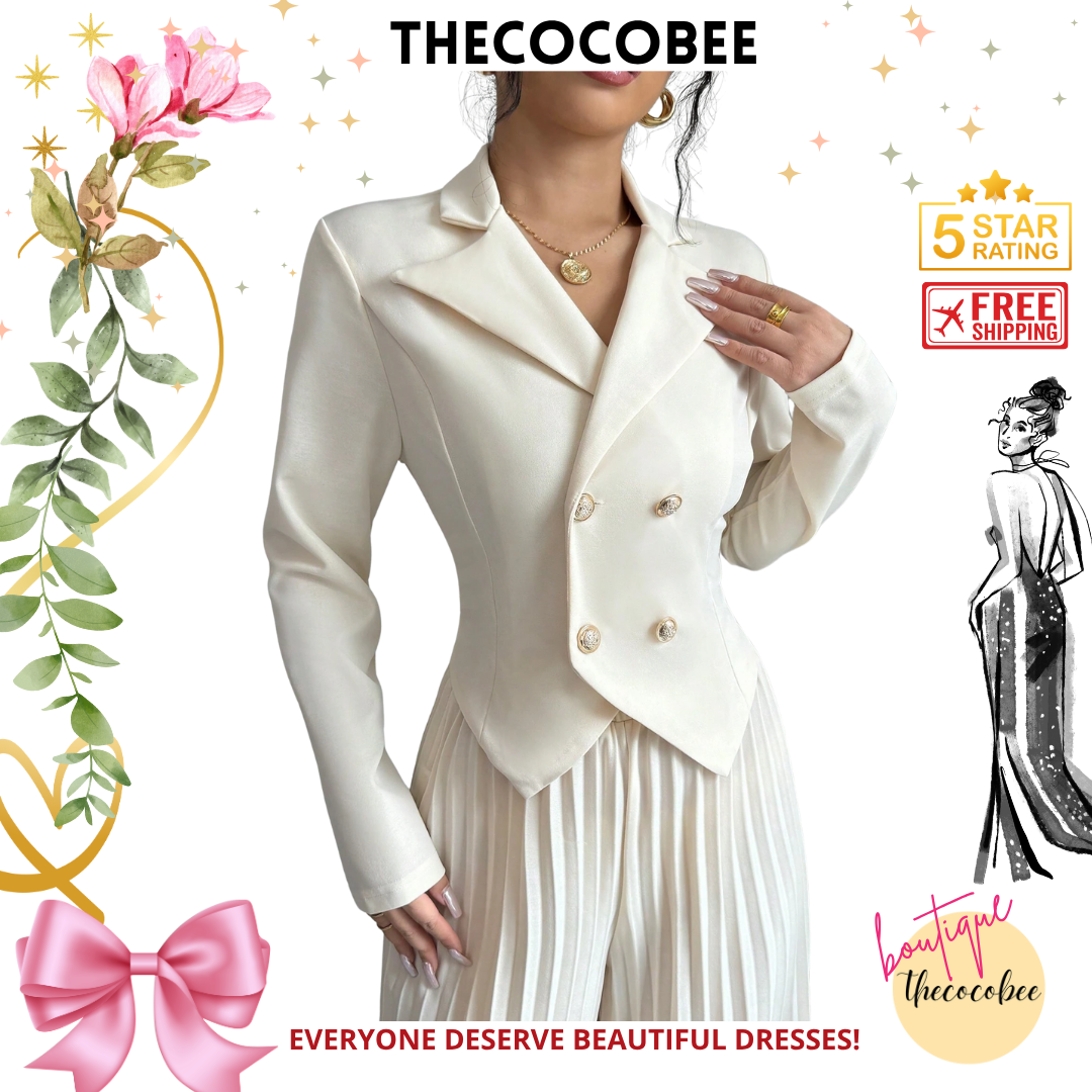 #159 Apricot 2pcs Women Office Workwear Suit Set: Long Sleeve Pleated Double-Breasted Blazer Jacket And Matching Pants, Elegant & Romantic