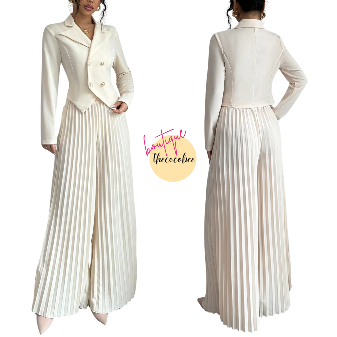 #159 Apricot 2pcs Women Office Workwear Suit Set: Long Sleeve Pleated Double-Breasted Blazer Jacket And Matching Pants, Elegant & Romantic