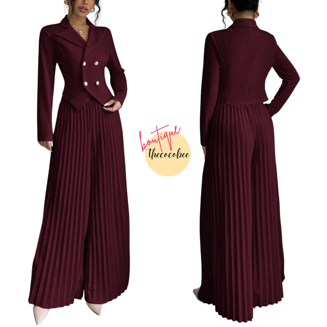 #159 Burgundy Elegant Ruffle Double Breasted Long Sleeve Blazer Set, Commuter Style