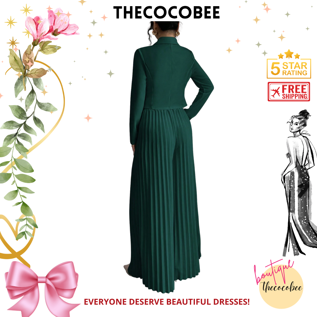 #159 Dark Green Pleated Double-Breasted Long Sleeve Elegant & Romantic Women's Business Suit