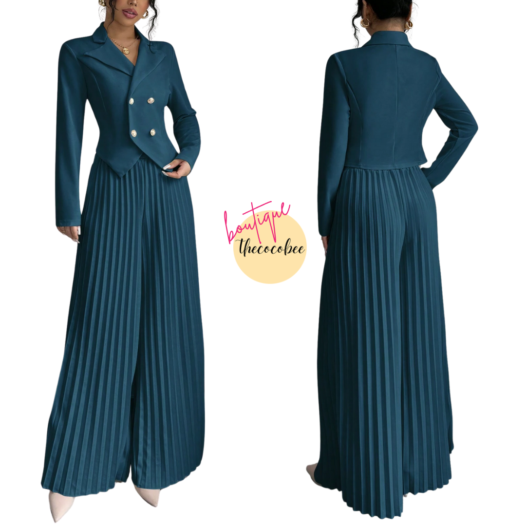 #159 Teal Blue Pleated Double-Breasted Long Sleeve Elegant Romantic Office Lady Suit