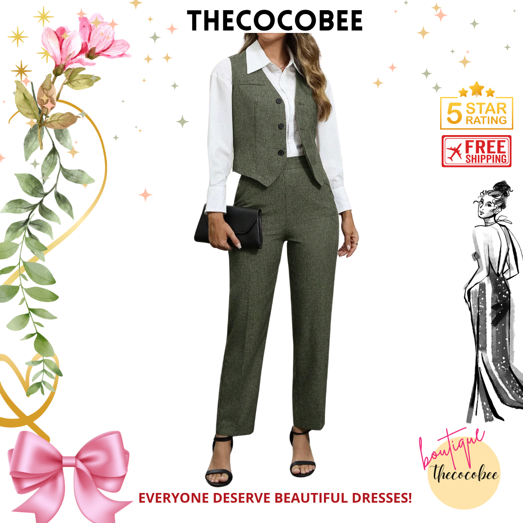 #160 Army Green Front Button Closure Sleeveless Minimal Blouse And Long Pants Casual Suit Set