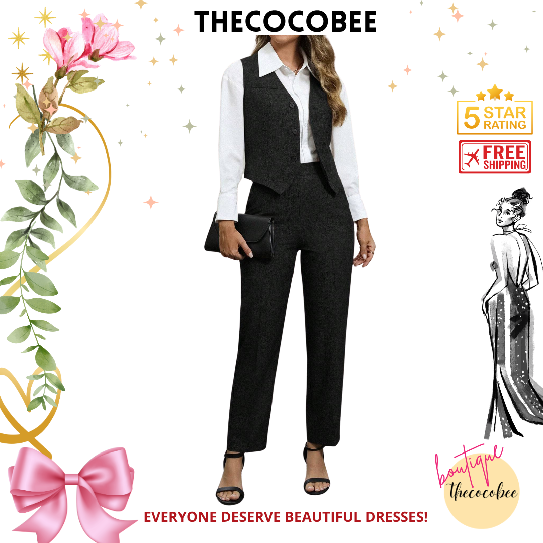 #160 Black Fashionable Minimalist Business Style Button V-Neck Suit Set