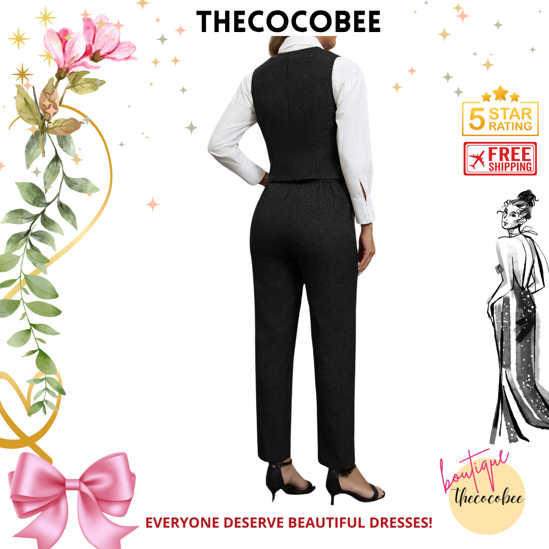 #160 Black Fashionable Minimalist Business Style Button V-Neck Suit Set