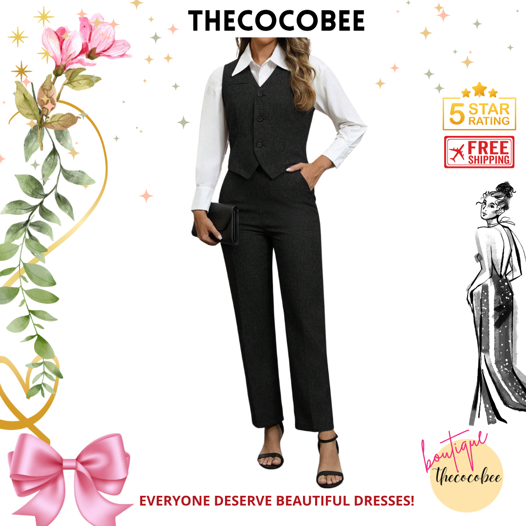 #160 Black Fashionable Minimalist Business Style Button V-Neck Suit Set