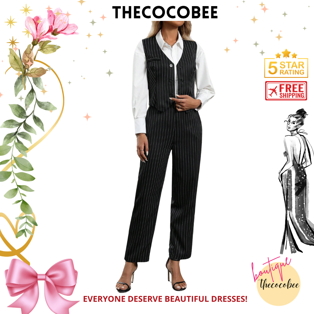 #160 Black and White 2 Pcs Stripe Pattern Single-Breasted Vest And Pocket Decorated Pants Suit, Casual Commuting Set For Women