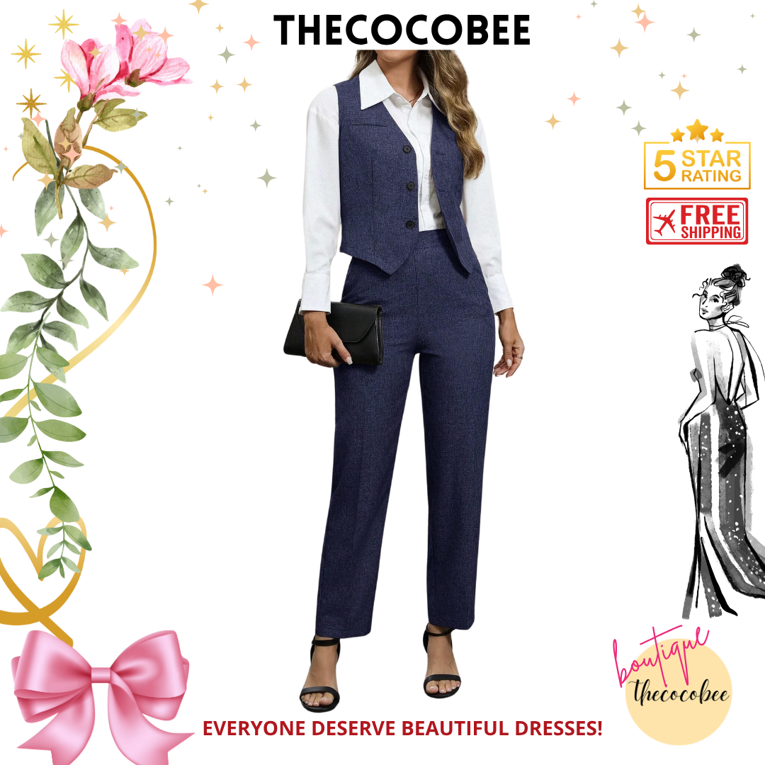#160 Navy Blue Single Breasted Vest And Pants 2 Pieces Elegant Business Suit