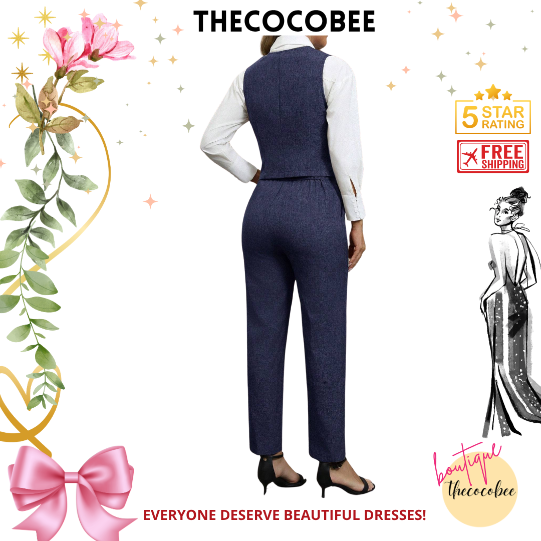 #160 Navy Blue Single Breasted Vest And Pants 2 Pieces Elegant Business Suit