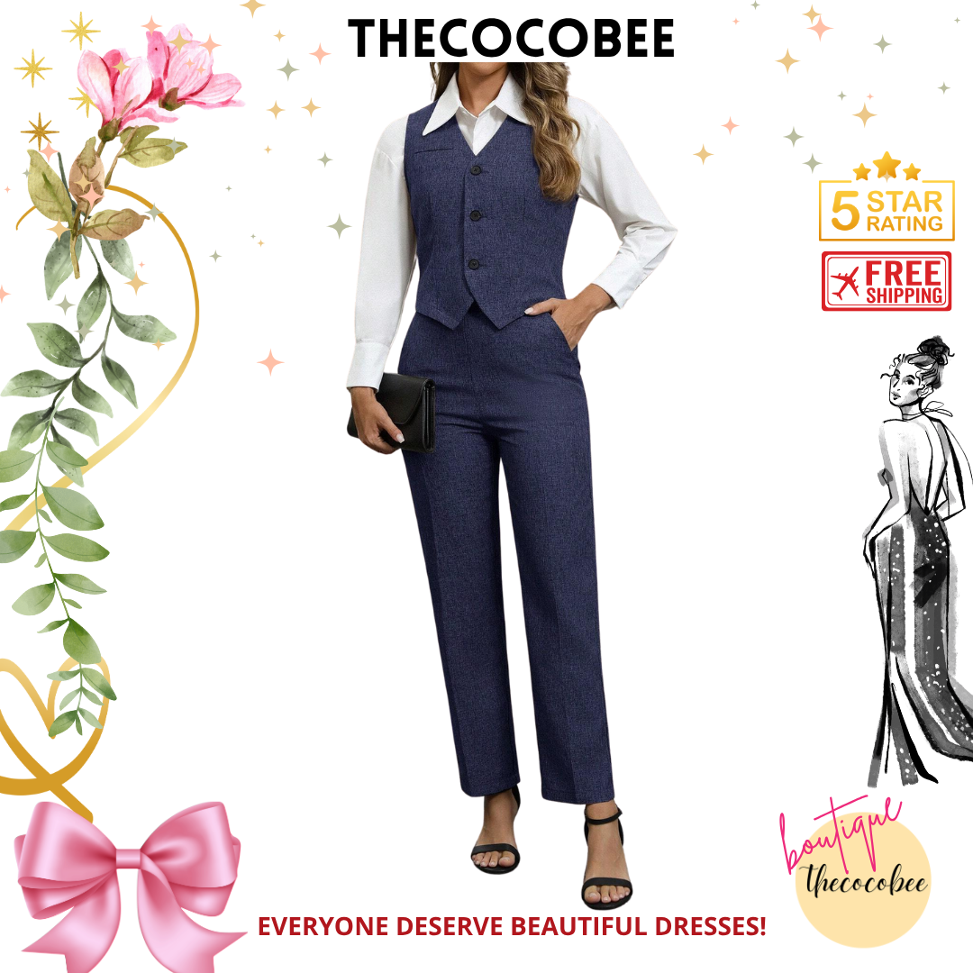 #160 Navy Blue Single Breasted Vest And Pants 2 Pieces Elegant Business Suit