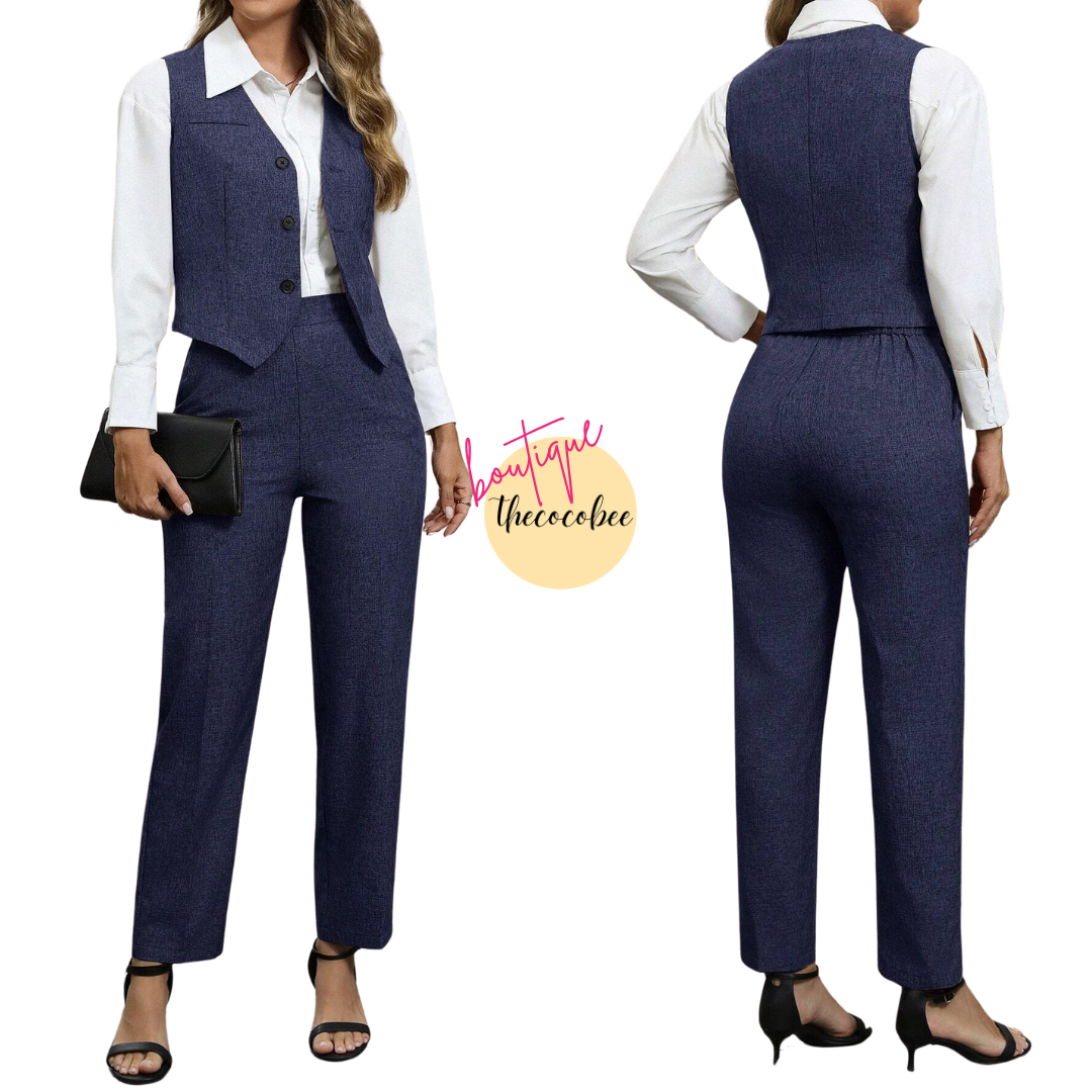 #160 Navy Blue Single Breasted Vest And Pants 2 Pieces Elegant Business Suit