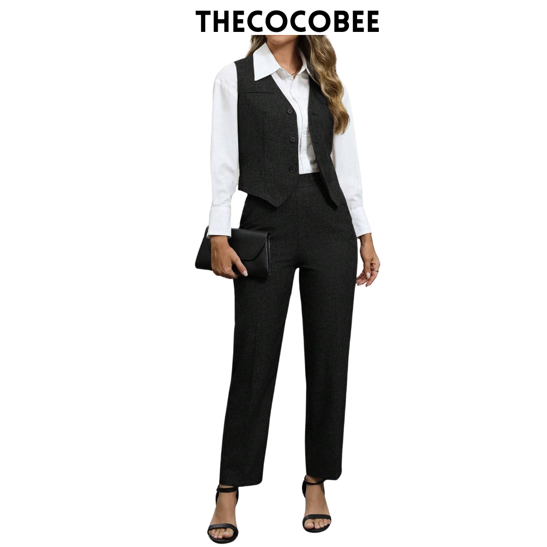 #160 Black Fashionable Minimalist Business Style Button V-Neck Suit Set