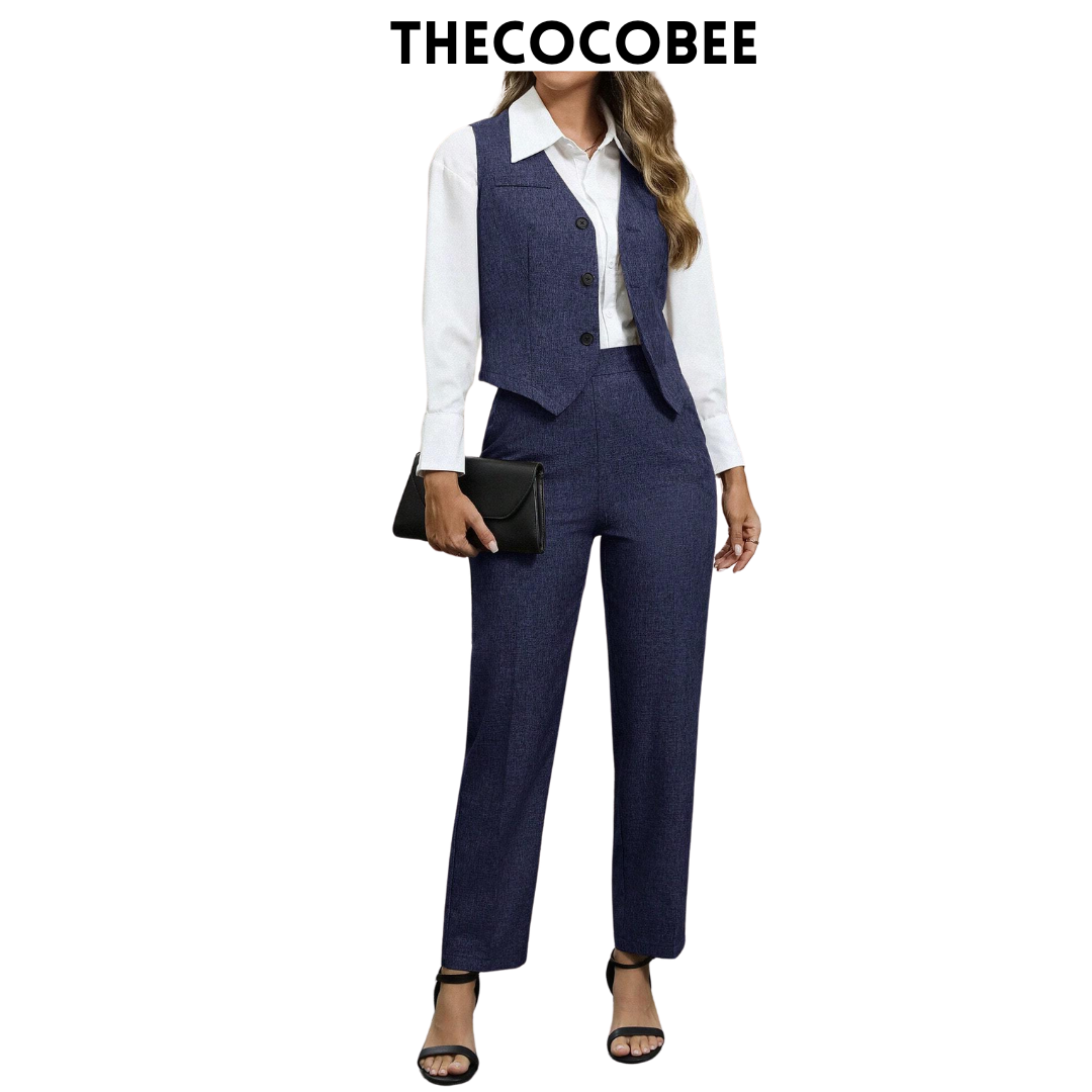 #160 Navy Blue Single Breasted Vest And Pants 2 Pieces Elegant Business Suit