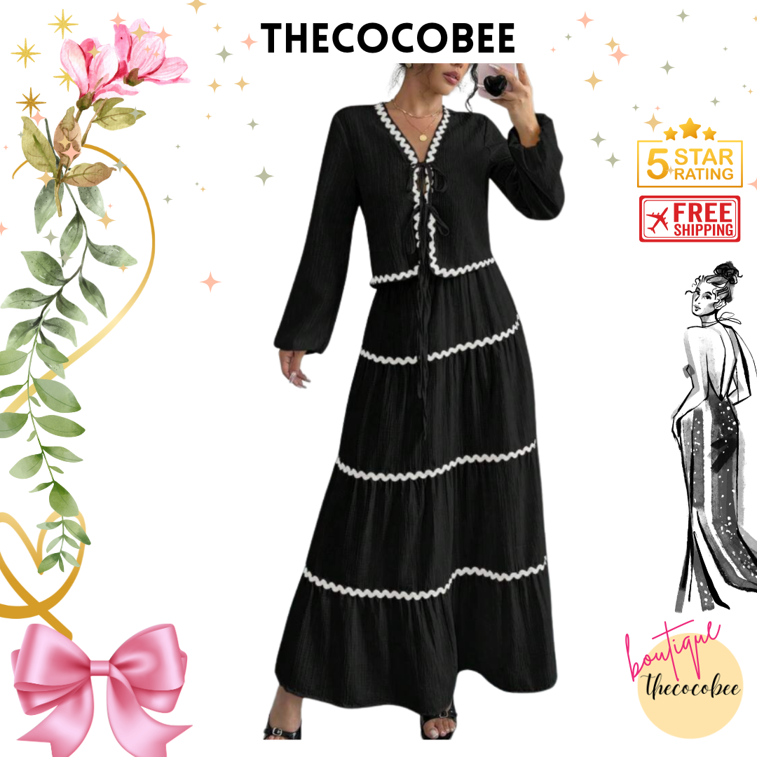 #002 2pc Elegant French Lantern Bow Dress Set in Black