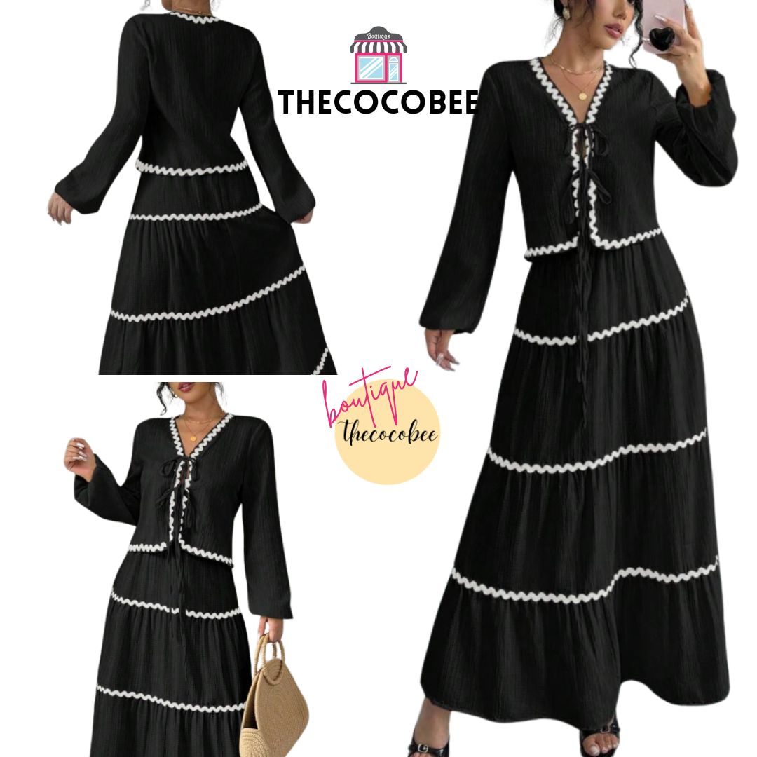 #002 2pc Elegant French Lantern Bow Dress Set in Black