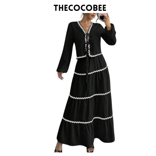 #002 2pc Elegant French Lantern Bow Dress Set in Black