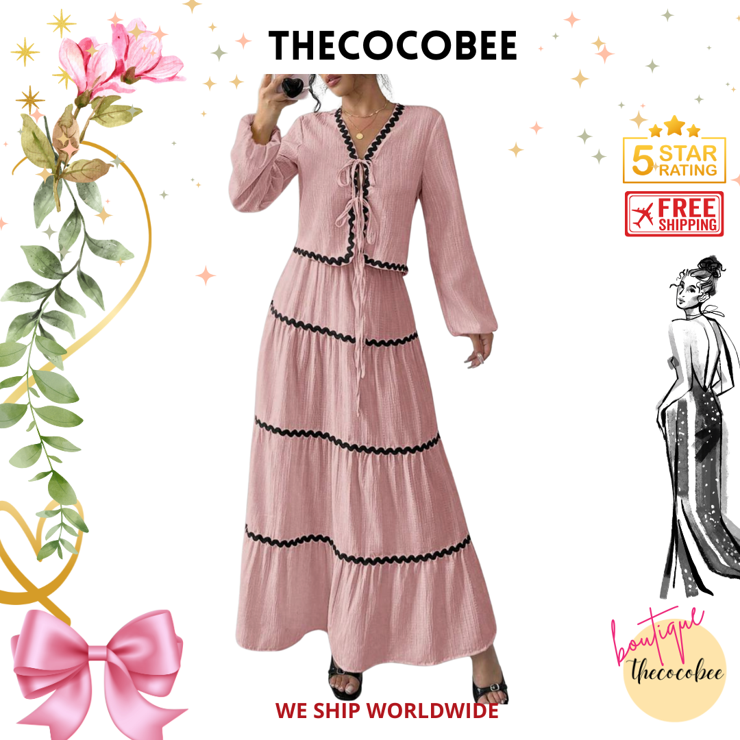 #002 2pc Elegant French Lantern Bow Dress Set in Light Pink