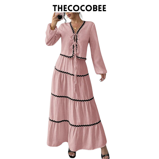 #002 2pc Elegant French Lantern Bow Dress Set in Light Pink