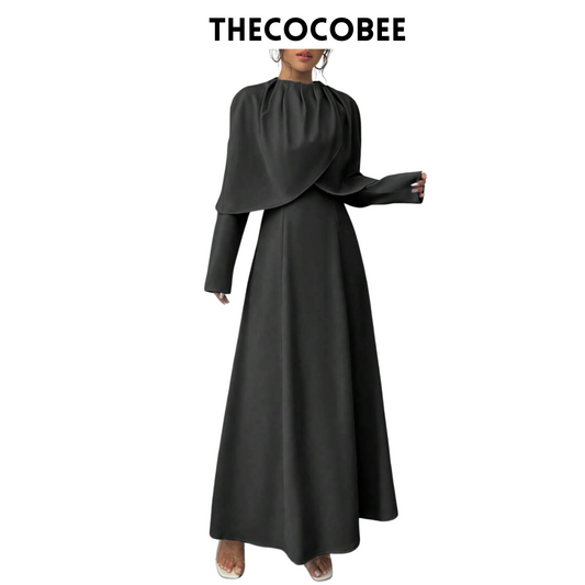 #007 Elegant Solid Pleated Cinched Waist Maxi Dress Outfit in Black
