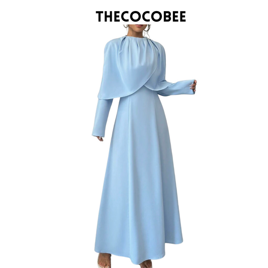 #007 Elegant Solid Pleated Cinched Waist Maxi Dress Outfit in Blue
