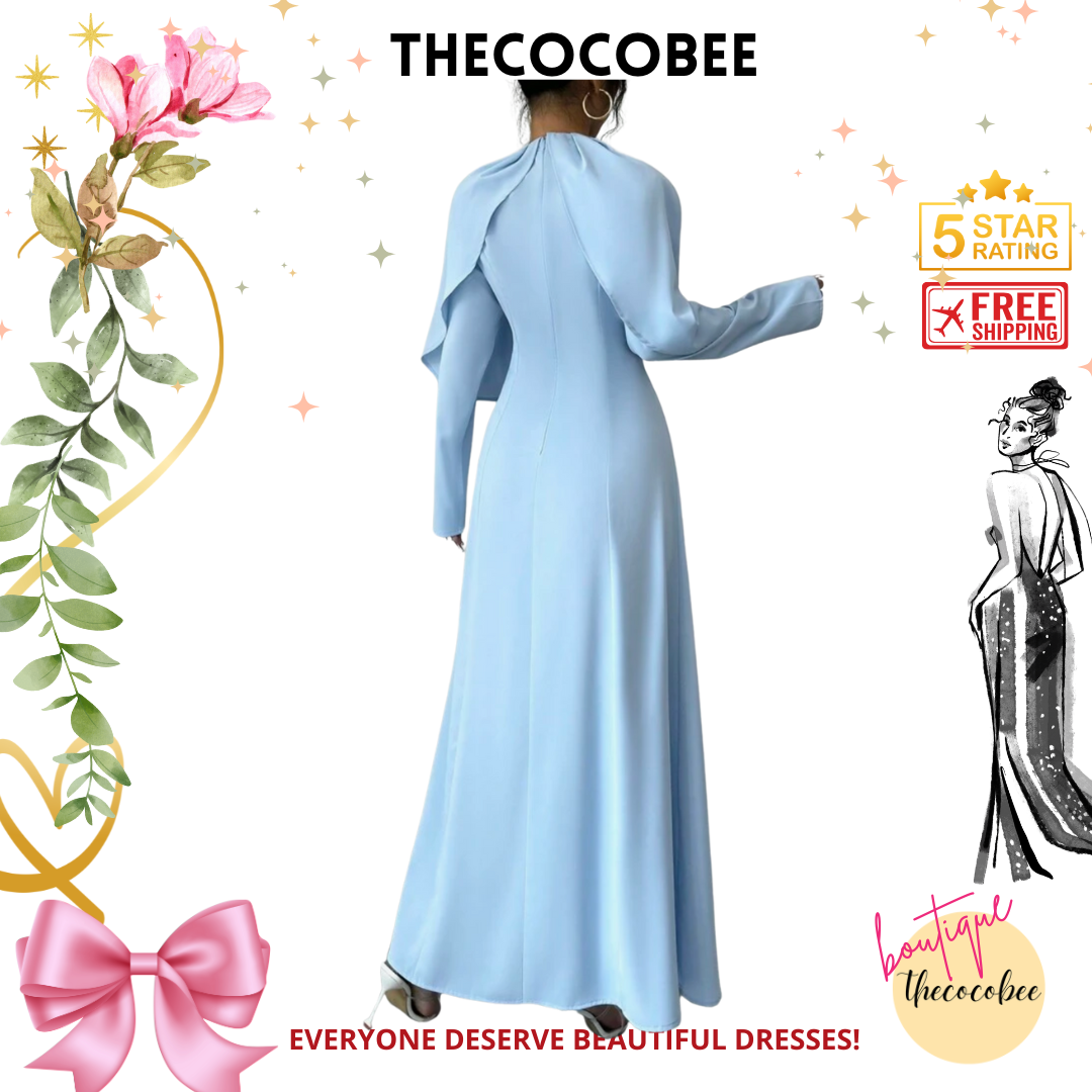 #007 Elegant Solid Pleated Cinched Waist Maxi Dress Outfit in Blue