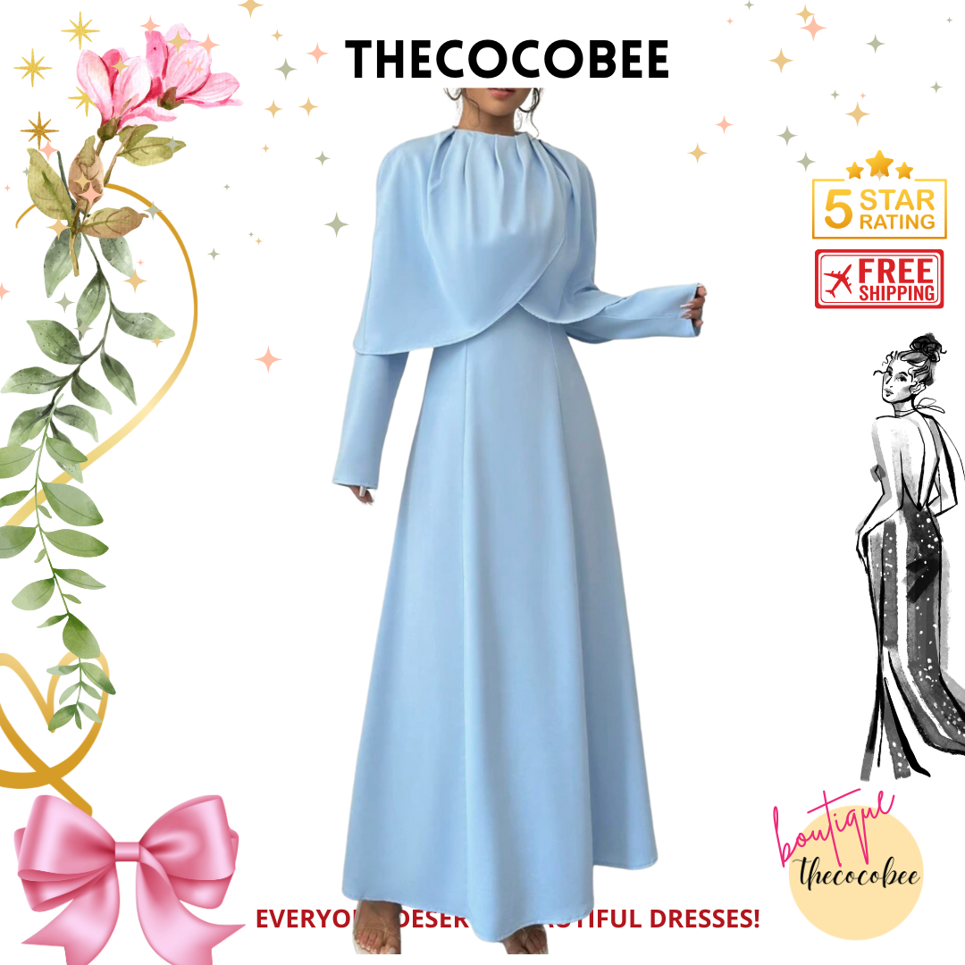#007 Elegant Solid Pleated Cinched Waist Maxi Dress Outfit in Blue