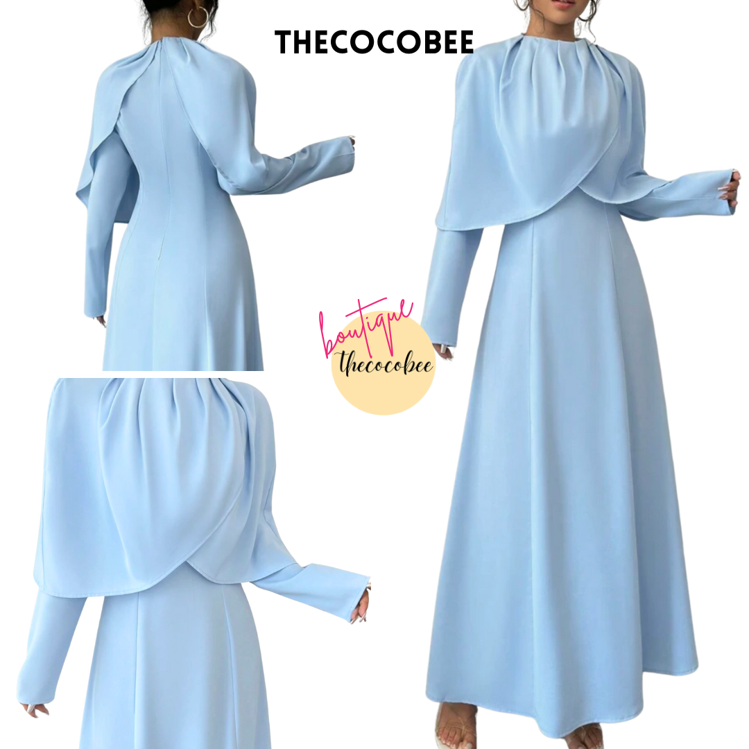#007 Elegant Solid Pleated Cinched Waist Maxi Dress Outfit in Blue