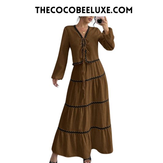 #002 2pc Elegant French Lantern Bow Women Dress Set in Brown