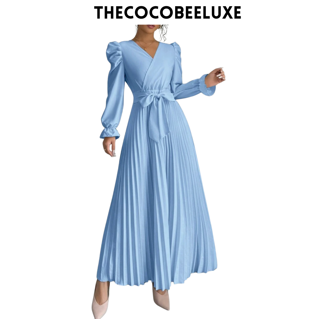 #013 Women dress V-Neck Tie Gigot Sleeve Pleated Solid Color in Baby Blue